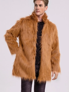 Men's stylish faux fur coat in caramel brown with stand collar and long fluffy texture
