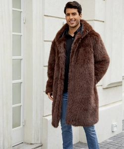 Front view of men's long brown faux fur coat with plush texture and hood