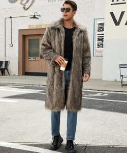 Detail shot of men's faux fur long coat showing grey-brown mixed texture and lapel design