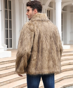 Side view of men's brown faux fur jacket with fluffy texture and stylish turn-down collar