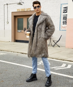Detail of premium grey faux fur texture on men's long winter coat with plush material