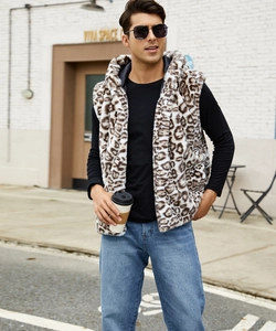 Detailed view of men's faux fur leopard print hooded vest for street style fashion