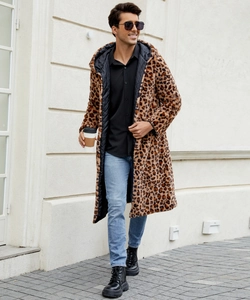 Close-up of leopard print faux fur coat with warm black quilted lining for men