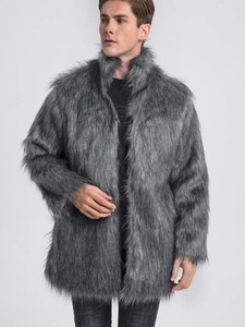 Men's stylish faux fur coat in grey with stand collar for winter warmth jacket