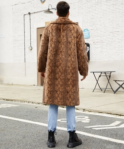Back view of men's long faux fur coat with brown snake pattern and notched lapels