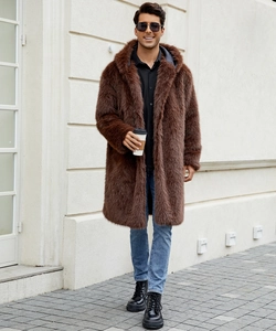 Detailed texture of brown faux fur hooded coat for men with stylish street wear view