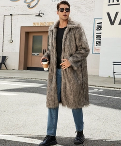 Outdoor shot of man wearing a textured grey and brown faux fur long coat with flap collar