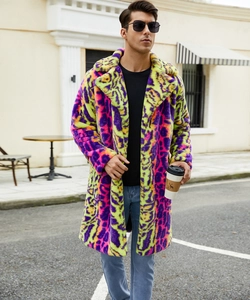 Detail of vibrant fluorescent faux fur texture and wide lapel on men street style coat