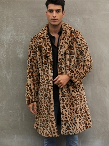 Cappotto in Pelliccia Sintetica con Stampa Leopardata da Uomo Giacca Lunga con Collo a Revers Monopetto Caldo Invernale Streetwear