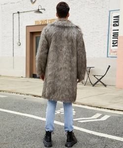 Back view of a long faux fur coat for men in grey brown with high density plush texture