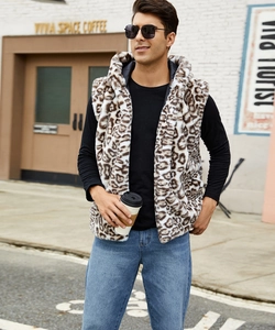 Close-up of men's leopard print faux fur hooded vest with soft texture and inner lining
