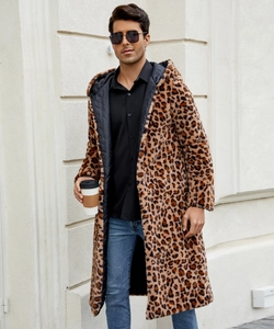 Macro detail of men's long leopard print faux fur coat showing plush texture and hood