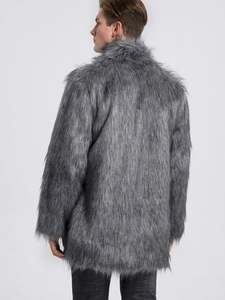 Men's faux fur coat in dark grey with a stand collar and thick plush texture