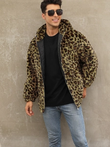 Men's winter faux fur leopard print hooded jacket with warm lining and zipper