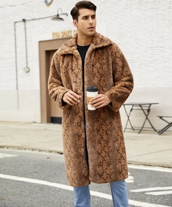 Detailed close-up of brown snakeskin faux fur coat with thick collar for men
