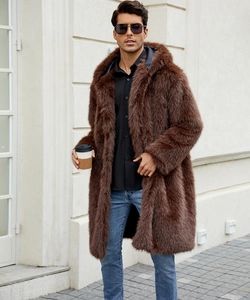 Detail of premium faux fur texture on men's long hooded winter coat in dark brown