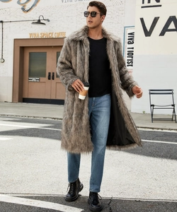 Close-up of thick faux fur texture and turn-down collar on men's long winter coat