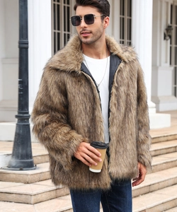 Close-up of men's short faux fur jacket showing high-quality brown plush texture details