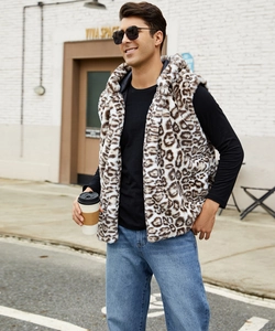 Close-up of leopard print faux fur hooded vest showing thick texture and street style look