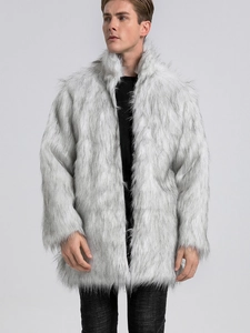 Men's light grey faux fur winter coat with stand collar shown in a full body model view
