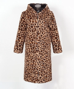 Close-up detail of plush leopard print faux fur texture on a long hooded coat
