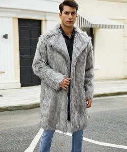 Macro view of plush light grey faux fur coat featuring a wide notched lapel for men