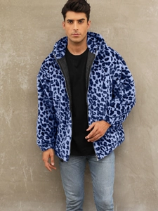 Men's blue leopard faux fur hooded jacket with warm plush lining and zipper closure