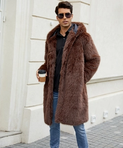 Outdoor shot of men's long brown faux fur hooded coat with premium warm texture