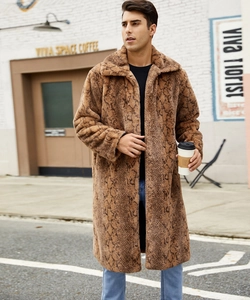 Street style shot of a men's long faux fur coat with notch lapels and textured pattern