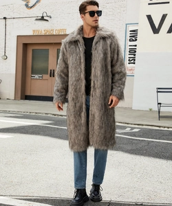 Texture detail of grey-brown long faux fur coat with notched collar for men