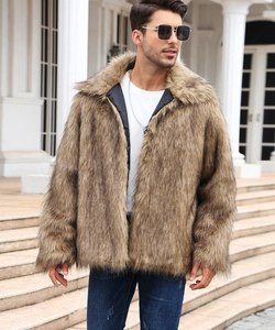 Close-up of men's brown faux fur jacket with lapel collar and soft texture details