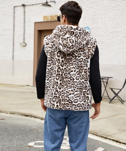 Rear view of a stylish men's hooded faux fur vest with realistic leopard print texture