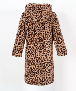 Rear view of a long faux fur coat with leopard print and an oversized hood design