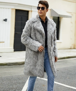 Detailed texture of long-haired light gray faux fur coat for men in winter style