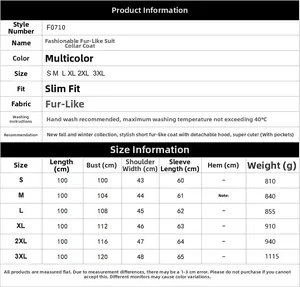 Tableau des tailles détaillé pour manteau en fausse fourrure, mesures du S au 3XL inclus