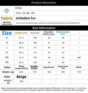 Detailed size chart for faux fur jackets showing S to 3XL dimensions and weight info