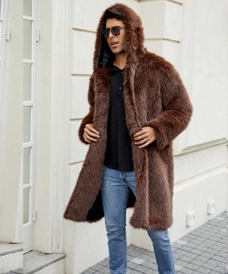 Outdoor shot of men's brown faux fur coat with oversized hood and plush texture