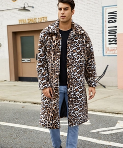 Close-up of the leopard print faux fur texture and lapel collar on this long men's coat