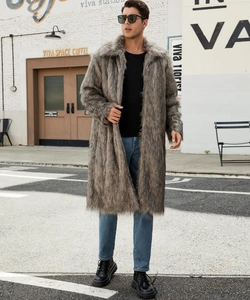 Detailed view of gray-brown faux fur long coat with large lapel on a male model