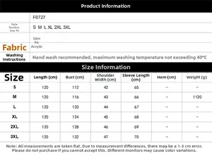 Size chart table for long faux fur coat featuring detailed measurements and acrylic material info