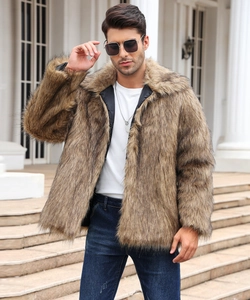 Close-up of fluffy faux fur texture and lapel collar on men's winter brown jacket
