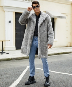 Detailed close-up showing the dense grey faux fur texture of the men's winter overcoat