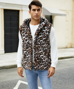 Macro detail of faux fur texture and leopard print on the men's hooded vest