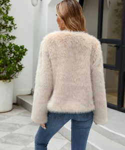 Rear view of a premium beige faux fur jacket for women with soft plush texture