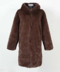 Close-up of brown long faux fur hooded coat texture and thick plush winter material