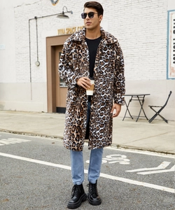 Detail of premium faux fur texture and leopard print pattern on men's winter overcoat