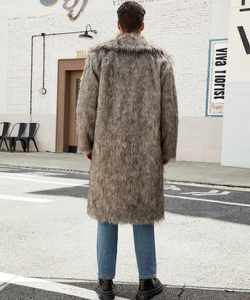 Back view of a long faux fur coat for men in grey-brown blend with high-quality texture