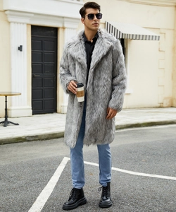Detail of grey faux fur coat featuring a large lapel and thick shaggy texture