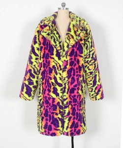 Close-up of vibrant neon leopard print pattern on high-quality faux fur coat material