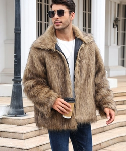 Close-up of tan faux fur jacket texture and plush lapel on male model in outdoor setting
